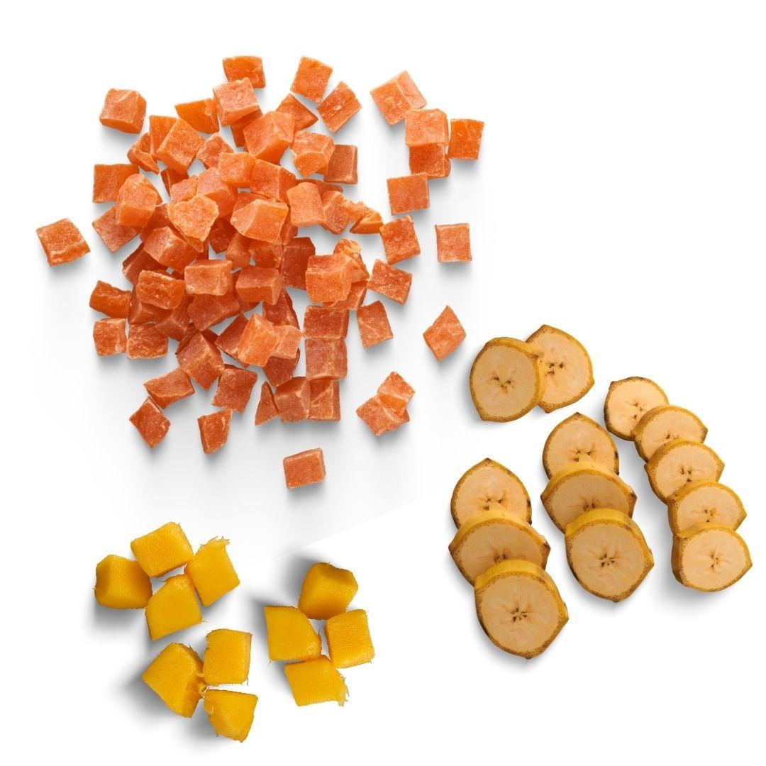 platano, mango y papaya verde